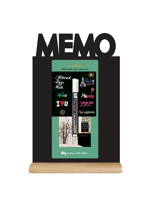 SECURIT Lavagna da Tavolo Silhouette Memo - 34,5 x 21 cm - Nero - Base in Legno Duro Laccato, Scrivibile da Entrambi i Lati, con Marcatori Inclusi