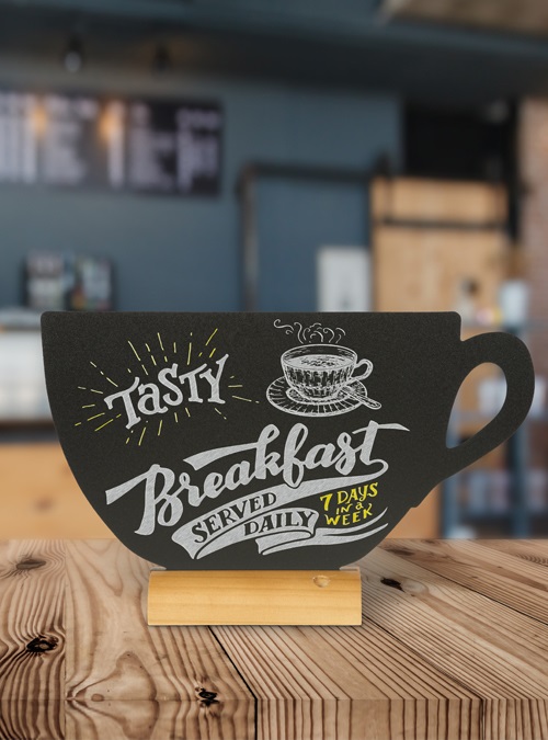 Securit FBT-CUP Lavagna da Tavolo a Forma di Tazza con Base in Legno - Dimensioni 22 x 33 x 6 cm, Include Pennarello Bianco e Gesso Liquido