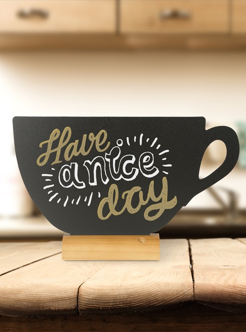 Securit FBT-CUP Lavagna da Tavolo a Forma di Tazza con Base in Legno - Dimensioni 22 x 33 x 6 cm, Include Pennarello Bianco e Gesso Liquido