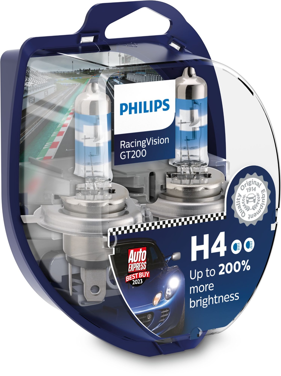 Philips RacingVision GT200 H4 Lampadina Fari Auto Alogena 200% Luminosità, Set di 2 Pezzi, 12V/60/55W