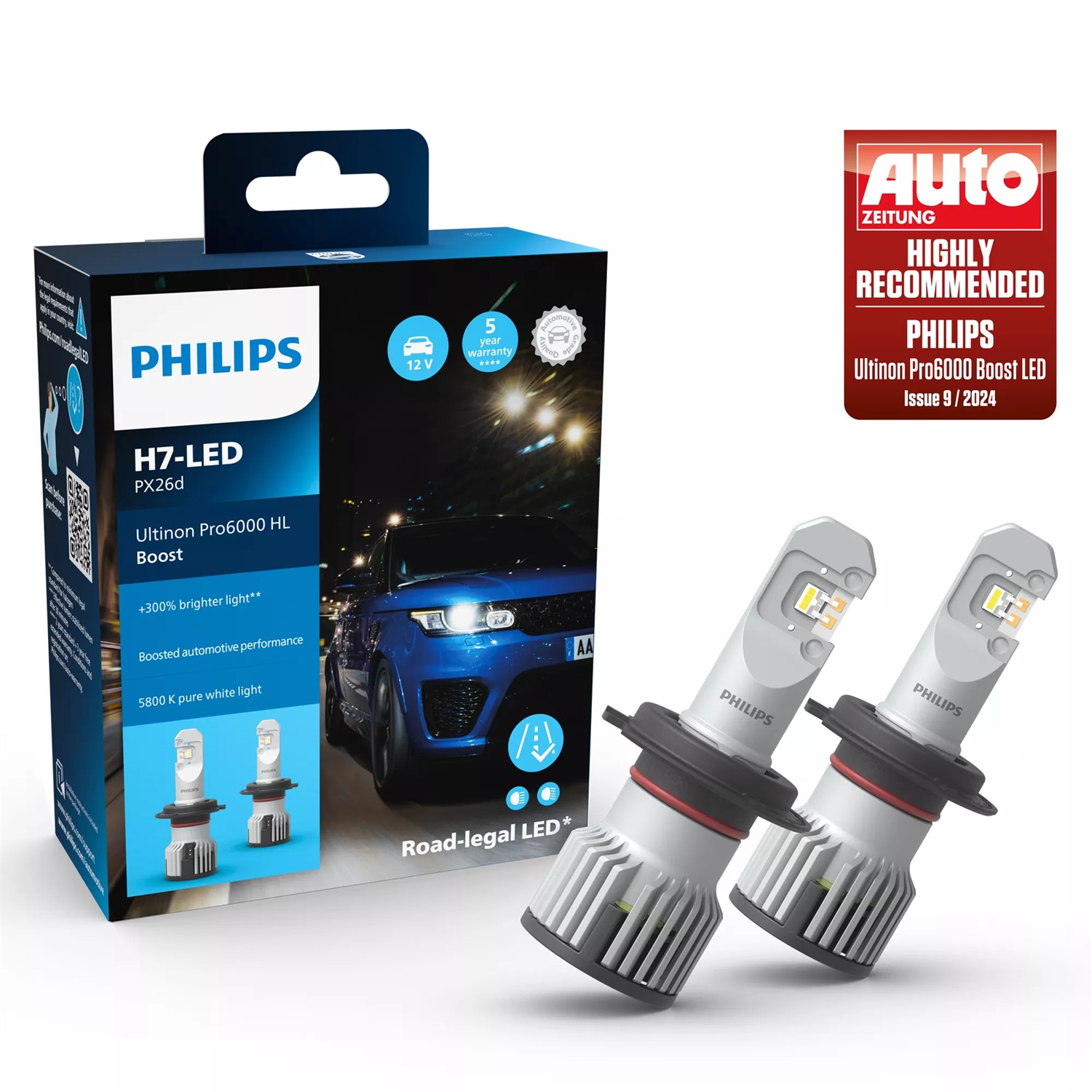 Philips Ultinon Pro6000 Boost H7-LED - Lampadina LED omologata, 300% di luminosità in più, 5.800K, design compatto, set di 2