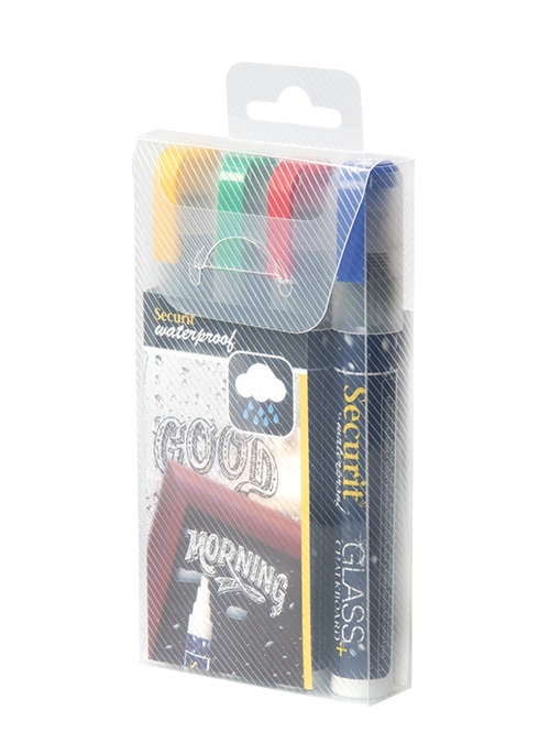 Securit Marcatore a Gesso Liquido Waterproof - Punta 2-6mm - 4 Colori Assortiti (Giallo, Verde, Rosso, Blu) - Conf. 4 Pezzi