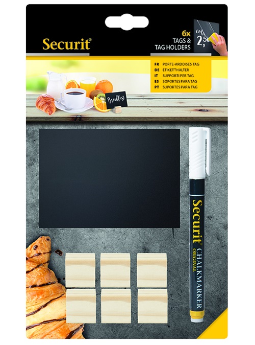 Securit Supporti in Legno per Targhe Scrivibili - Set da 6 Cubi 2,5x2,5x2,5 cm con 6 Lavagnette A7 e Pennarello Inclusi