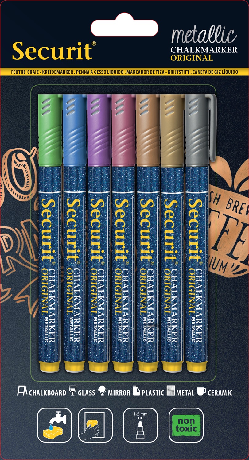Securit Set di 7 Pennarelli a Gesso Liquido Metallici - Rosa, Verde, Blu, Rame, Argento, Oro - Punta Fina 1-2mm per Lavagne e Vetro
