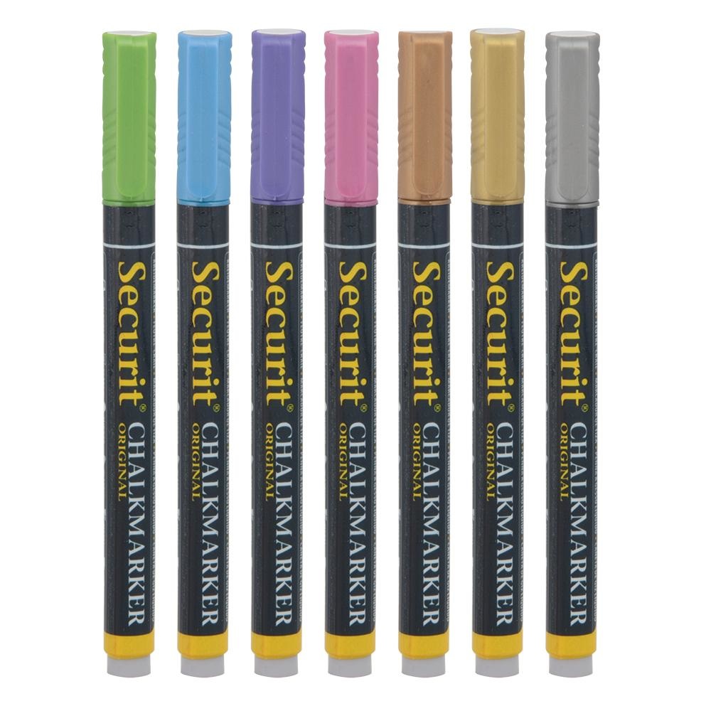Securit Set di 7 Pennarelli a Gesso Liquido Metallici - Rosa, Verde, Blu, Rame, Argento, Oro - Punta Fina 1-2mm per Lavagne e Vetro