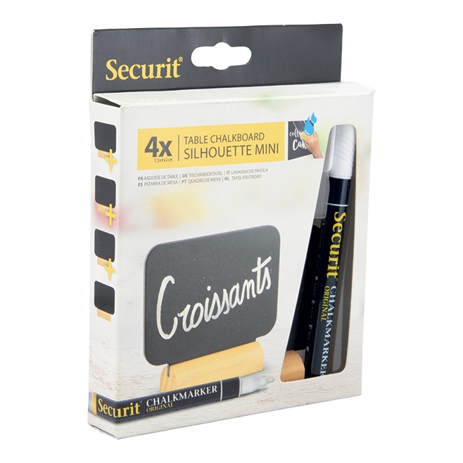 Securit Mini Lavagne Segnaposto - Set da 4 Pezzi - 7,5 x 9 x 2 cm - Forma Rettangolare - Base in Legno - Colore Nero