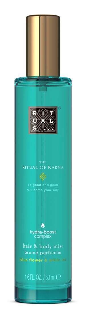 Rituals The Ritual of Karma Hair & Body Mist 50 ml - Spray profumato senza alcol con fragranza di loto sacro e tè bianco