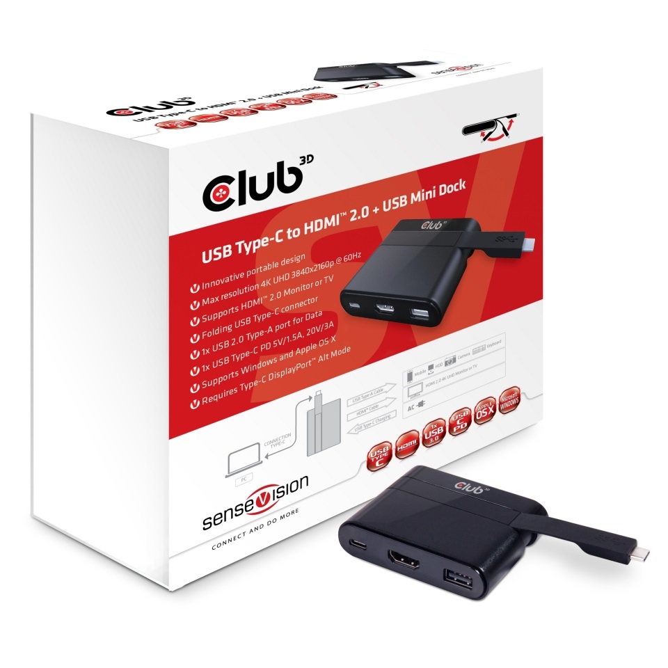 CLUB3D Mini Dock USB Type-C a HDMI™ 2.0 USB 2.0 - Nero, USB 3.1 (3.1 Gen 2), Velocità 5000 Mbit/s