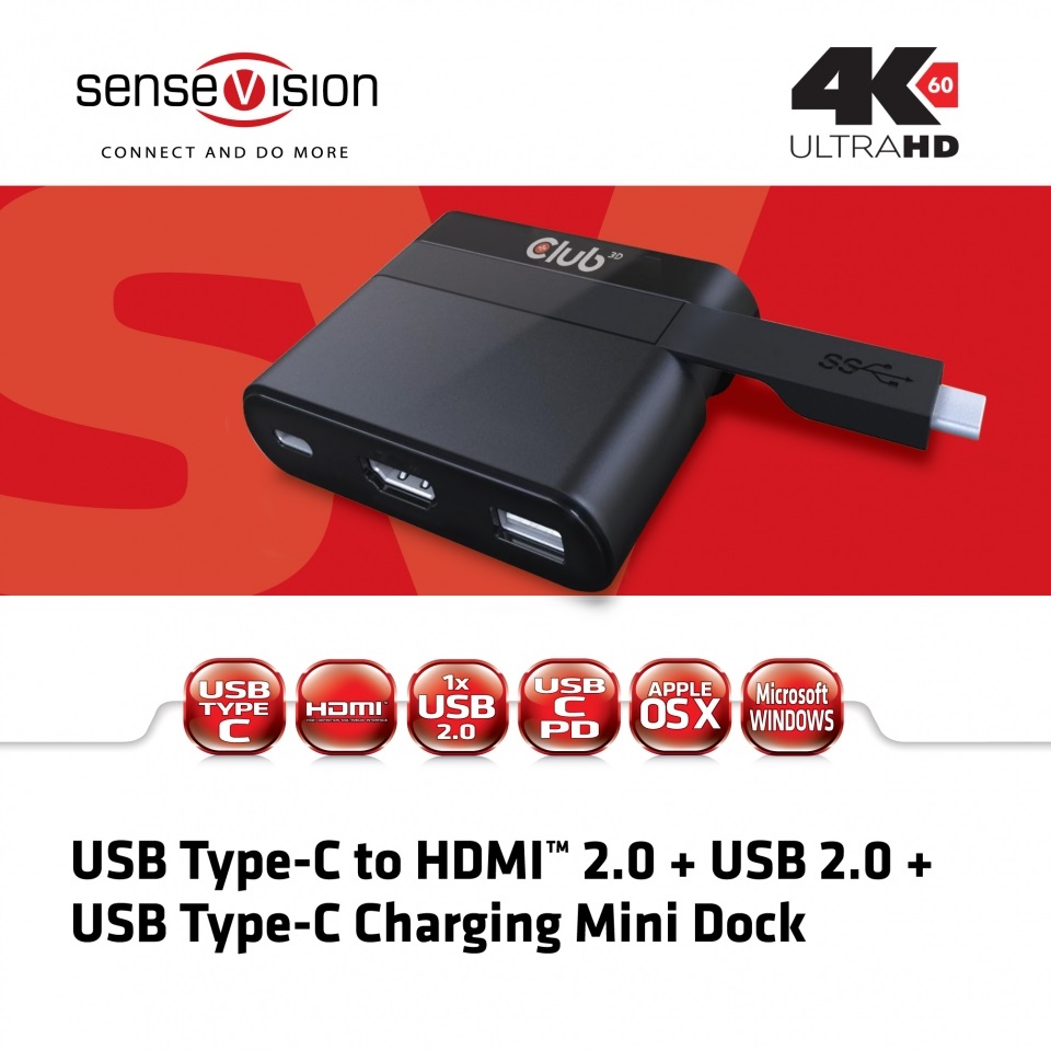 CLUB3D Mini Dock USB Type-C a HDMI™ 2.0 USB 2.0 - Nero, USB 3.1 (3.1 Gen 2), Velocità 5000 Mbit/s
