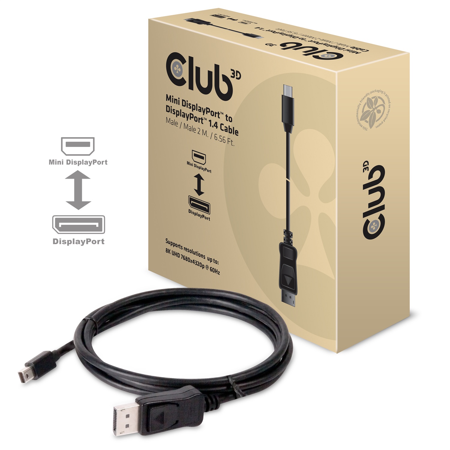 CLUB3D Mini DisplayPort to DisplayPort 1.4 HBR3 Cable 8K60Hz, 2m, Maschio/Maschio, Supporto DSC 1.2