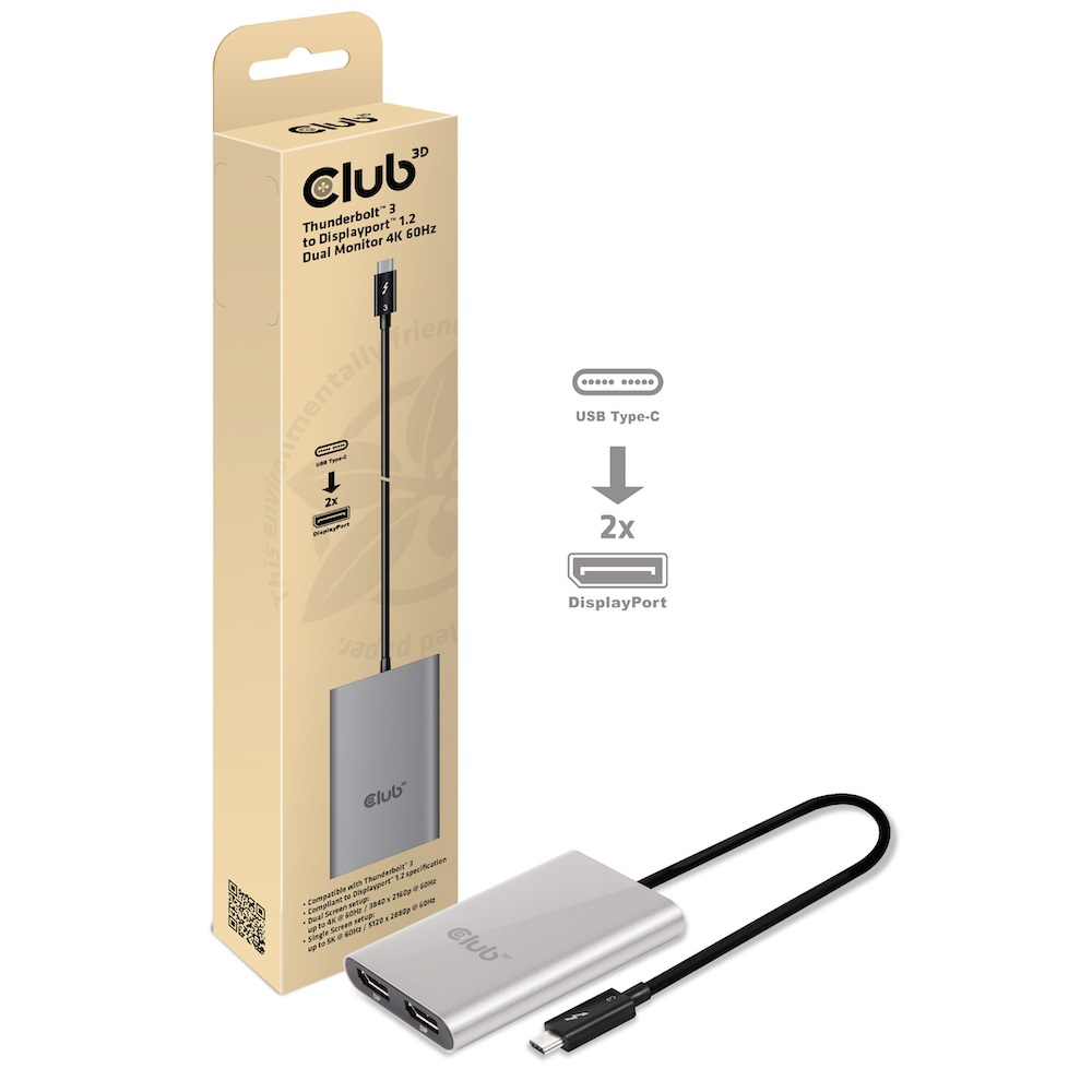 CLUB3D CSV-1577 Adattatore Thunderbolt™ 3 a 2x DisplayPort™ 1.2 - Dual Monitor 4K 60Hz, USB tipo-C, Risoluzione 5120 x 2880 Pixel, Argento, Alluminio