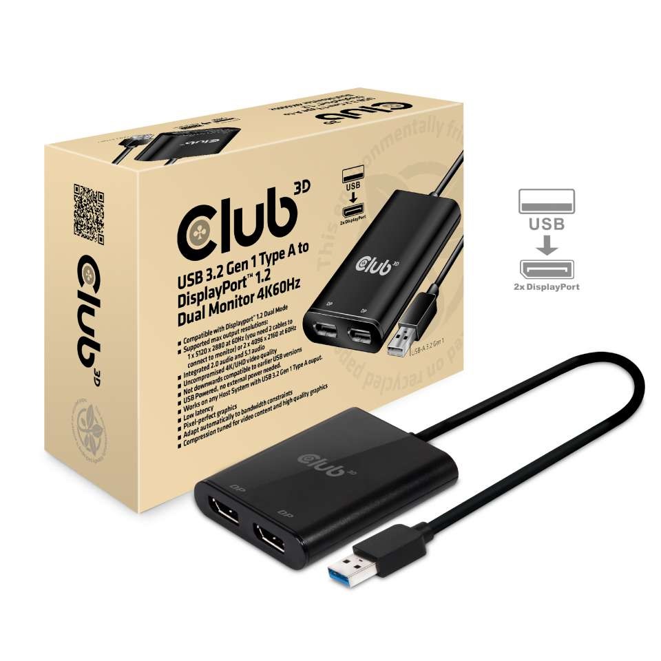 CLUB3D USB3.2 Gen1 Type A to DisplayPort™ 1.2 Dual Monitor Video Splitter 4K 60Hz - 2x DisplayPort, Risoluzione 5120 x 2880 Pixel, Colore Nero