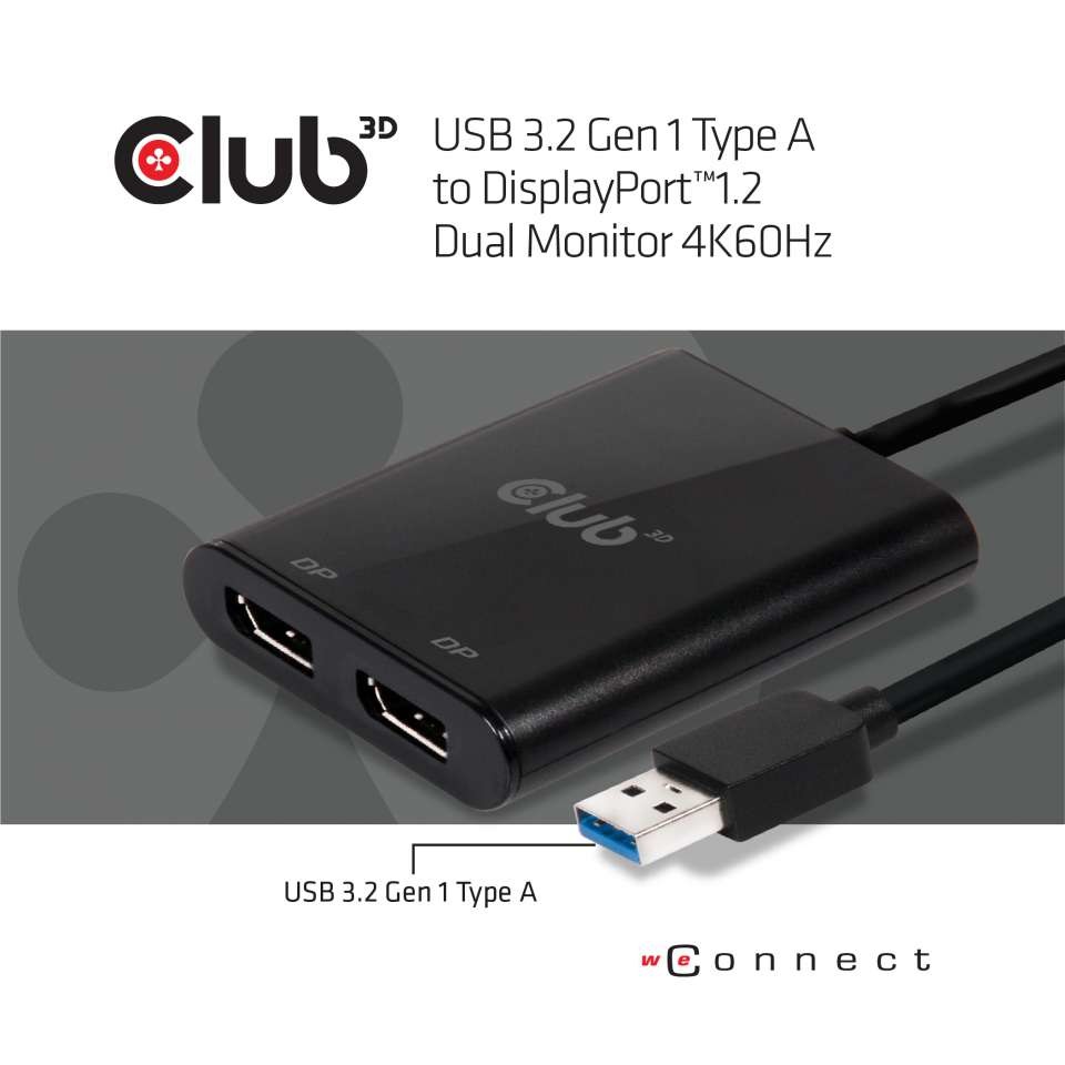 CLUB3D USB3.2 Gen1 Type A to DisplayPort™ 1.2 Dual Monitor Video Splitter 4K 60Hz - 2x DisplayPort, Risoluzione 5120 x 2880 Pixel, Colore Nero