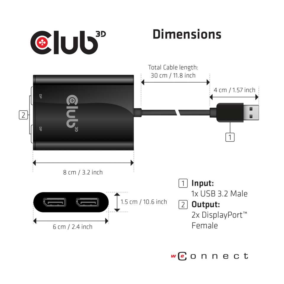 CLUB3D USB3.2 Gen1 Type A to DisplayPort™ 1.2 Dual Monitor Video Splitter 4K 60Hz - 2x DisplayPort, Risoluzione 5120 x 2880 Pixel, Colore Nero