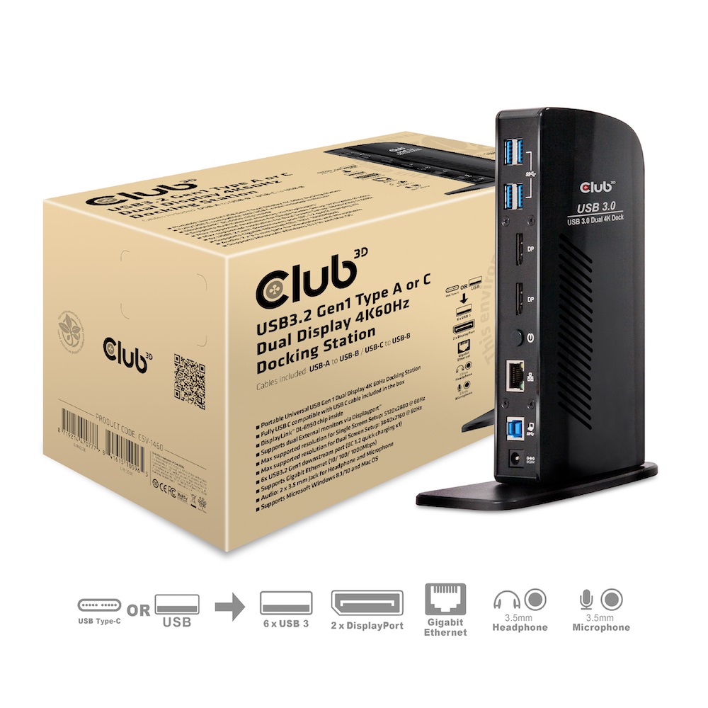 CLUB3D Docking Station USB 3.2 Gen1 Type A/C Dual Display 4K60Hz CSV-1460 - Cablato, 6 porte USB, Gigabit Ethernet, Nero