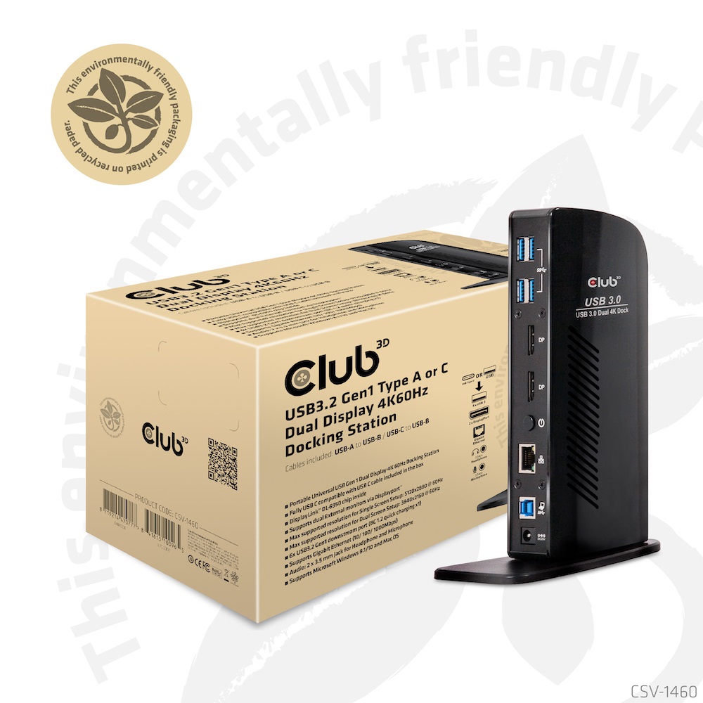 CLUB3D Docking Station USB 3.2 Gen1 Type A/C Dual Display 4K60Hz CSV-1460 - Cablato, 6 porte USB, Gigabit Ethernet, Nero