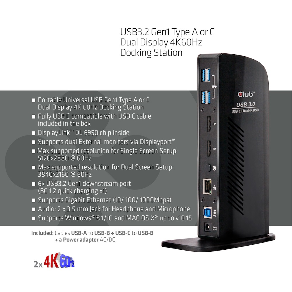 CLUB3D Docking Station USB 3.2 Gen1 Type A/C Dual Display 4K60Hz CSV-1460 - Cablato, 6 porte USB, Gigabit Ethernet, Nero