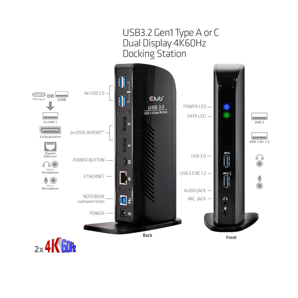 CLUB3D Docking Station USB 3.2 Gen1 Type A/C Dual Display 4K60Hz CSV-1460 - Cablato, 6 porte USB, Gigabit Ethernet, Nero