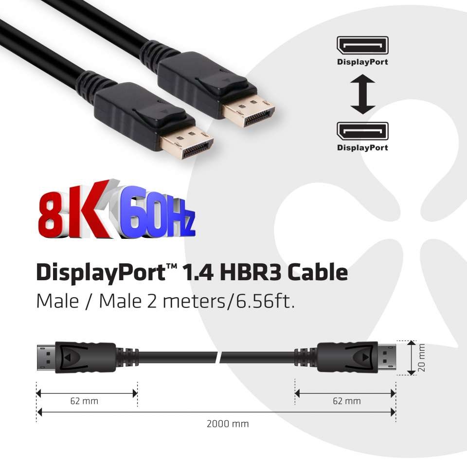 CLUB3D DisplayPort 1.4 HBR3 Cable 2m M/M 8K60Hz - Risoluzione 7680 x 4320 Pixel, 32.4 Gbps, Supporto DSC e FEC
