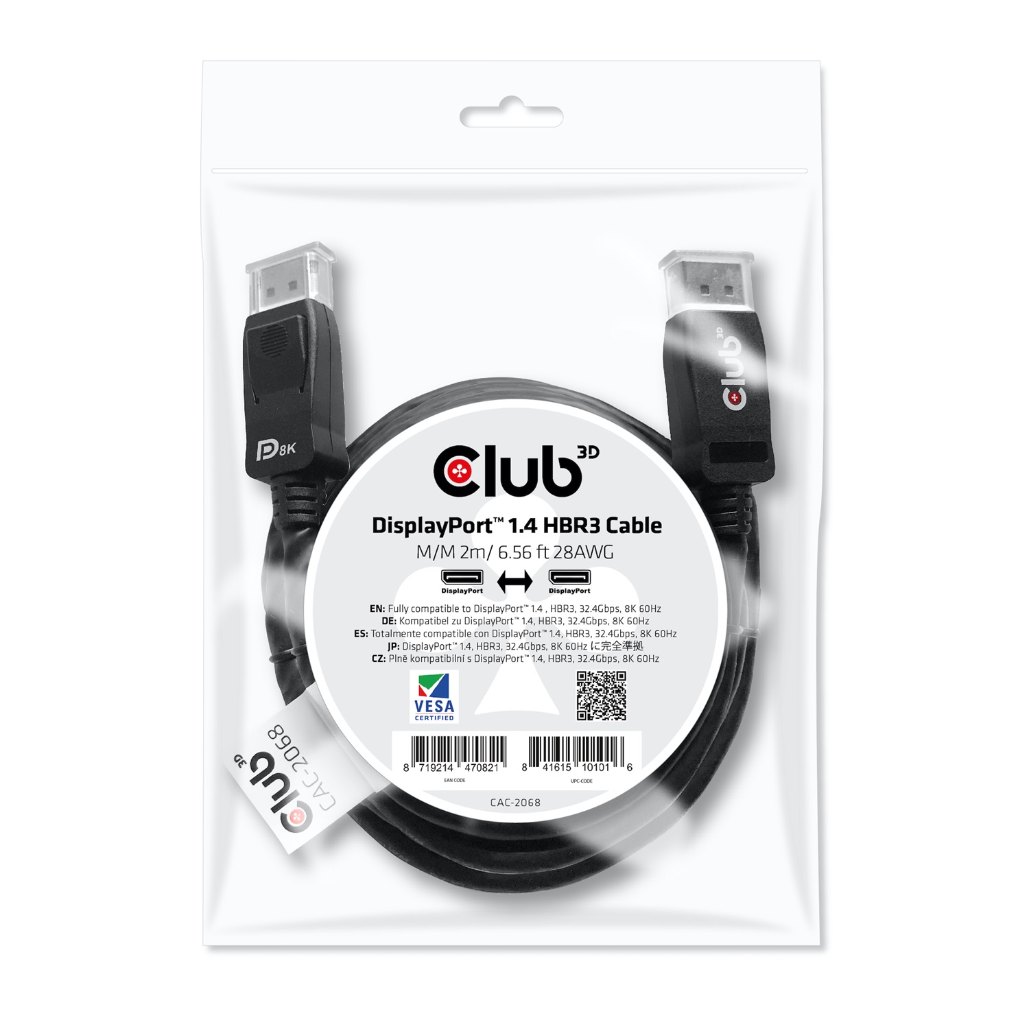 CLUB3D DisplayPort 1.4 HBR3 Cable 2m M/M 8K60Hz - Risoluzione 7680 x 4320 Pixel, 32.4 Gbps, Supporto DSC e FEC