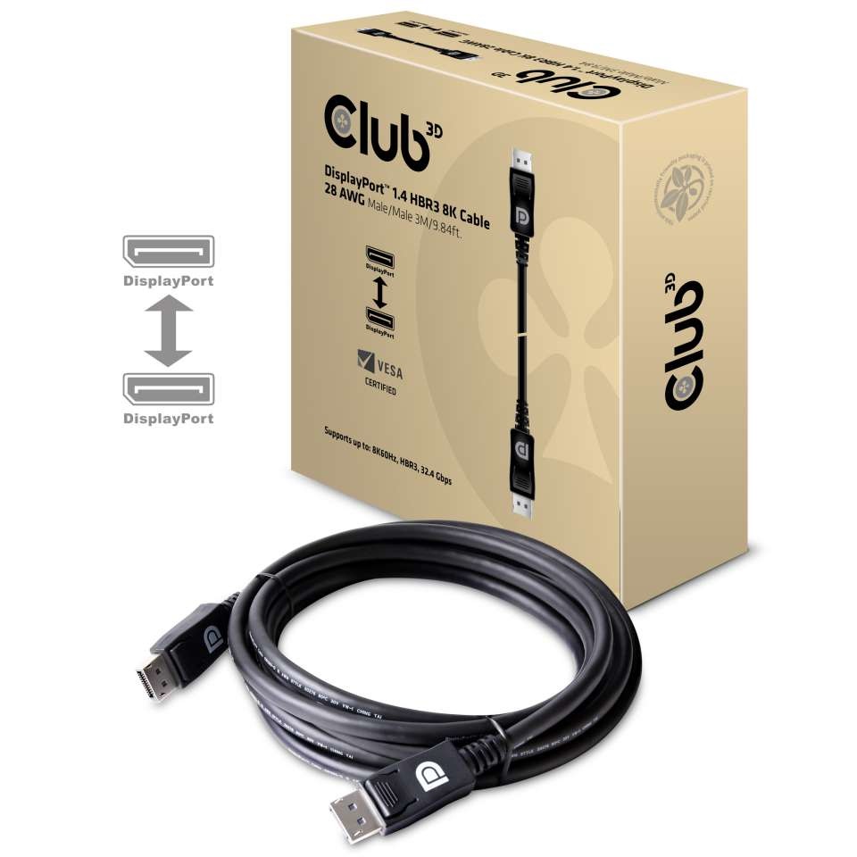 CLUB3D DisplayPort 1.4 HBR3 8K 28AWG Cable M/M 3m - Risoluzione 7680 x 4320 Pixel, VESA Certified