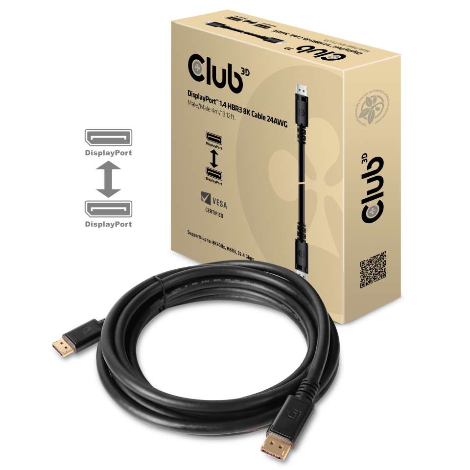 CLUB3D DisplayPort 1.4 HBR3 8K Cable M/M 4m (13.12ft) - 24AWG, Black Connector