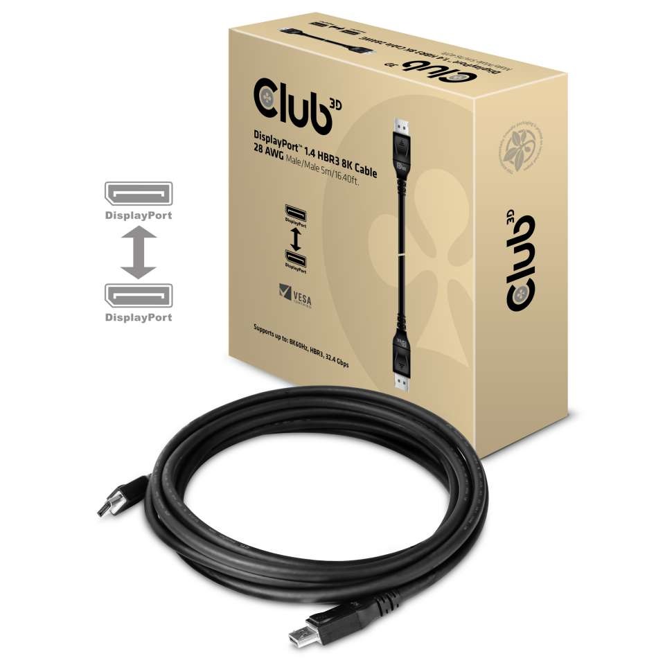 CLUB3D DisplayPort 1.4 HBR3 8K Cable M/M 5m - 32.4Gbps, 28 AWG, Supporto DSC e FEC