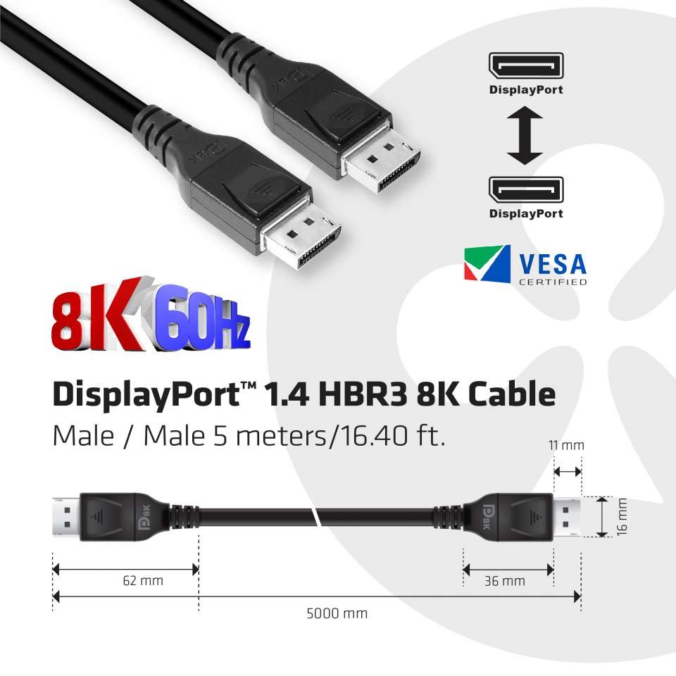 CLUB3D DisplayPort 1.4 HBR3 8K Cable M/M 5m - 32.4Gbps, 28 AWG, Supporto DSC e FEC