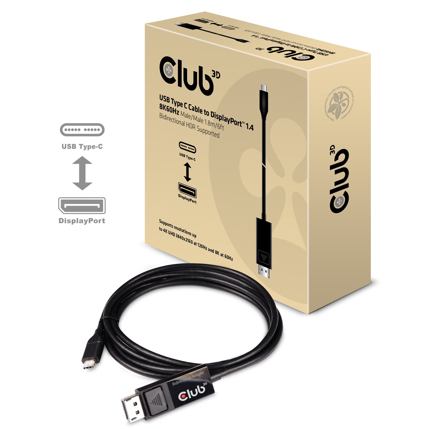 CLUB3D CAC-1557 Cavo USB C a DisplayPort 1.4, 1,8 m, Risoluzione fino a 8K@60Hz, Nero