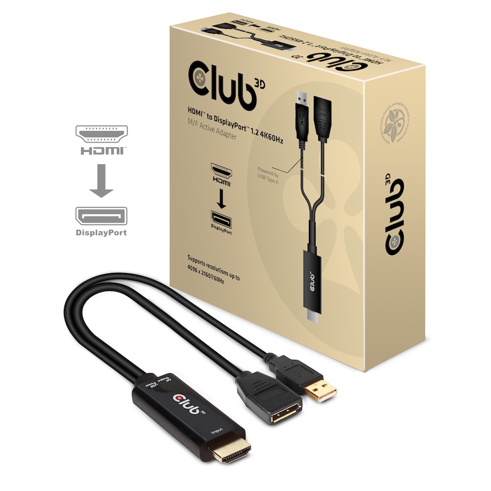 Club 3D CAC-1331 - Adattatore attivo HDMI 2.0 a DisplayPort 1.2 4K60Hz HDR M/F, 0,25 m, Nero