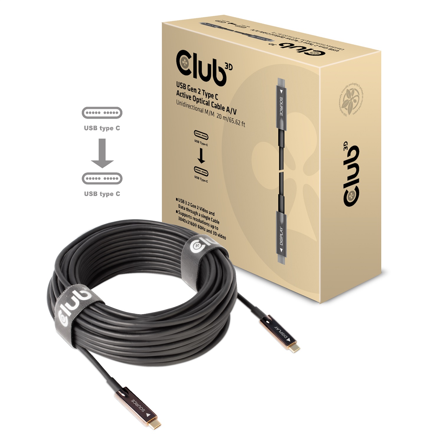 CLUB3D Cavo Ottico Attivo A/V Unidirezionale USB 3.2 Gen 2 Type-C Male/Male 20m