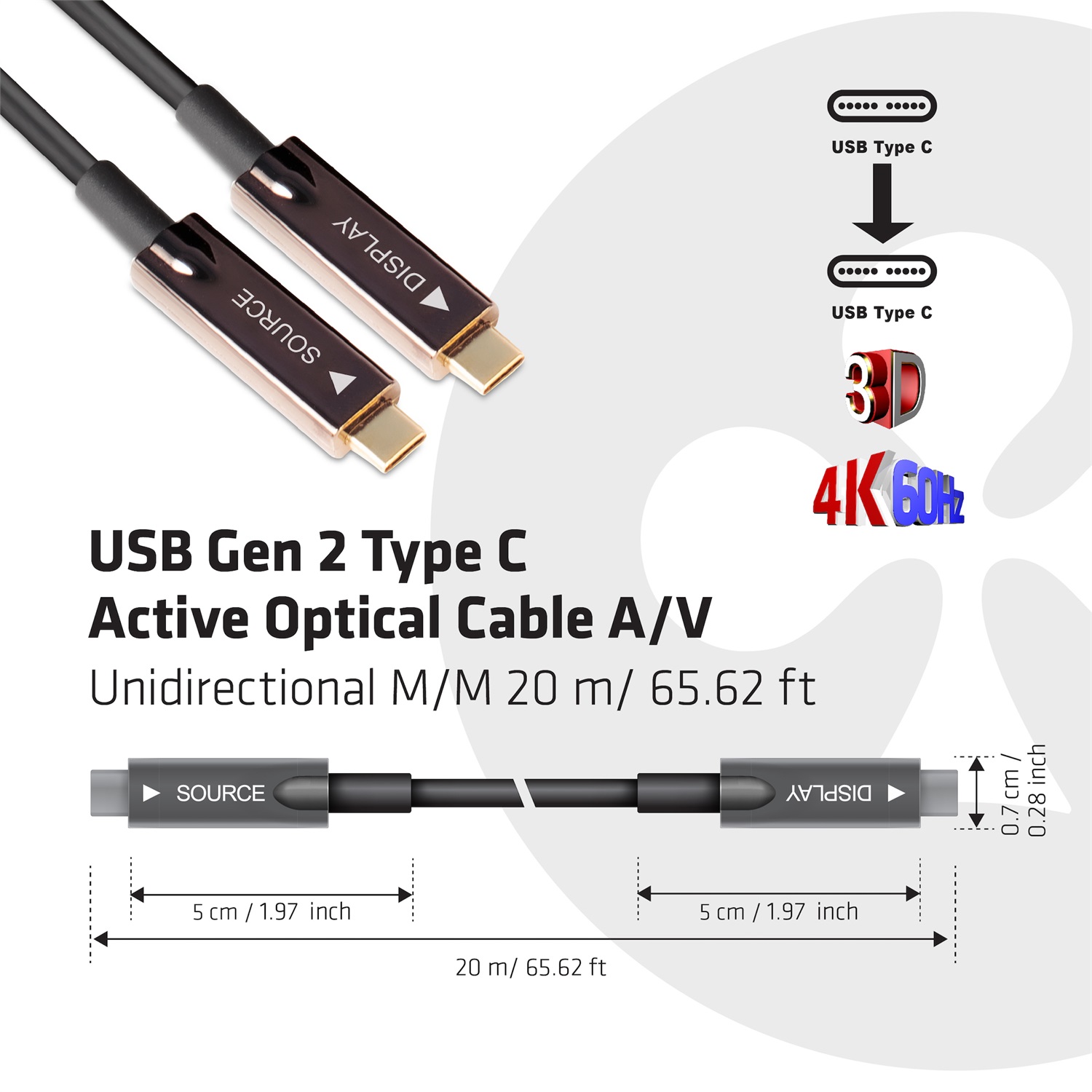 CLUB3D Cavo Ottico Attivo A/V Unidirezionale USB 3.2 Gen 2 Type-C Male/Male 20m