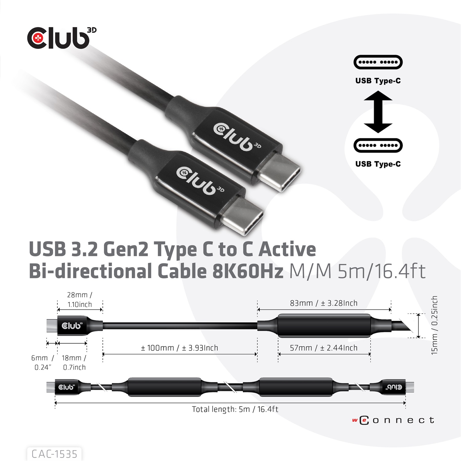 CLUB3D CAC-1535 Cavo USB C 3.2 Gen 2 (3.1 Gen 2) 5 m - 10 Gbit/s, Nero, Supporto fino a 8K 60Hz e 60W