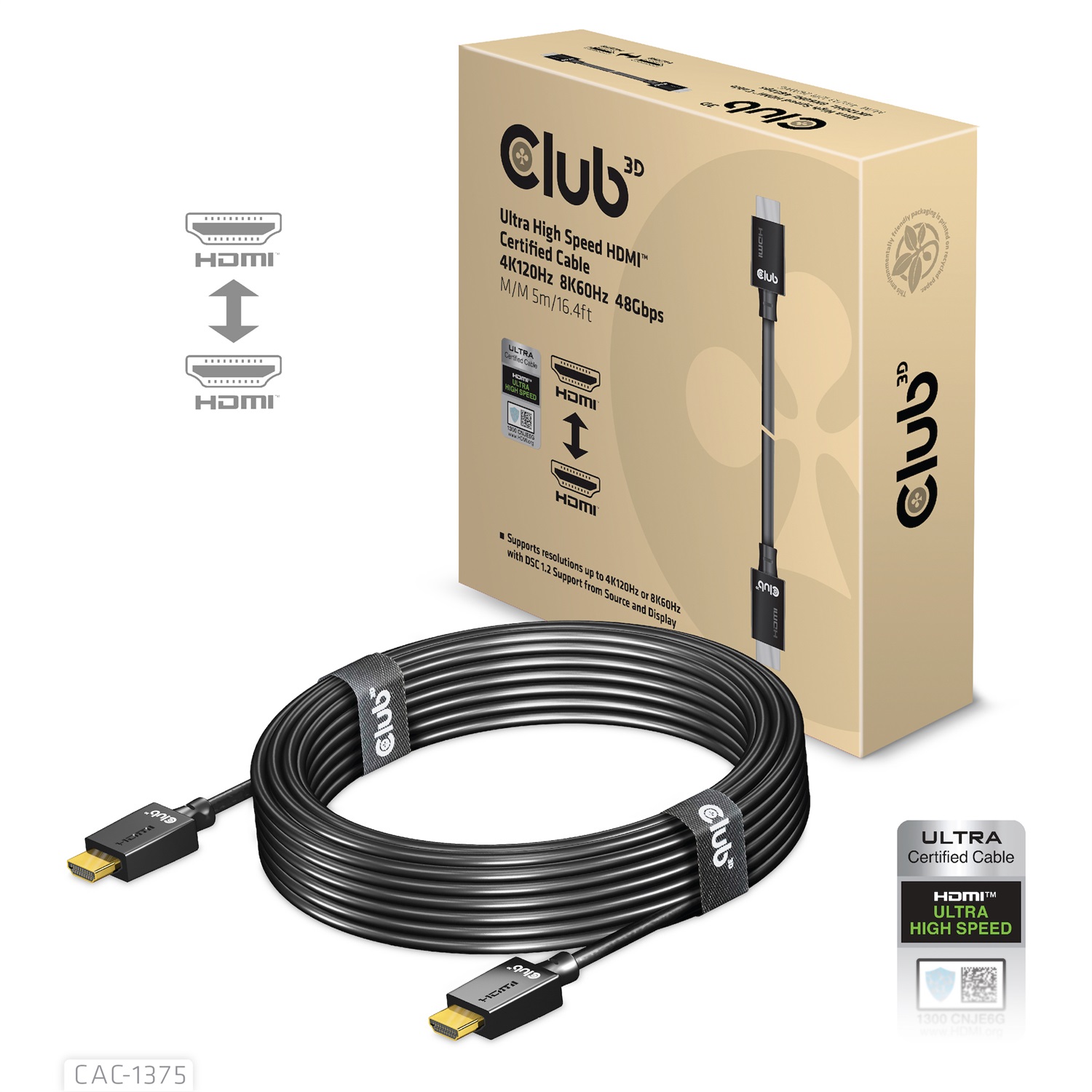 CLUB3D CAC-1375 Cavo HDMI 2.1 Maschio a Maschio 5 m Ultra High Speed 48 Gbit/s 4K 120Hz 8K 60Hz Nero