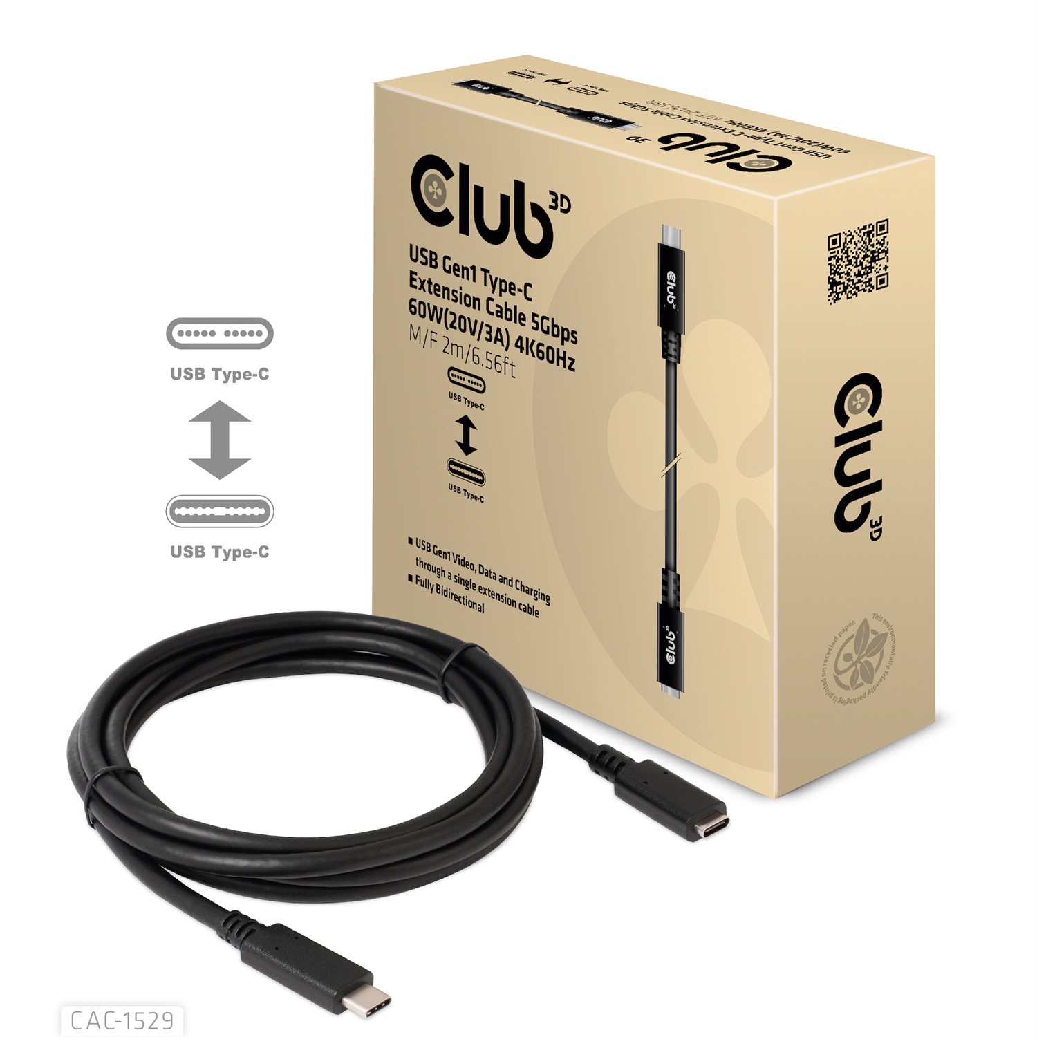 CLUB3D CAC-1529 Cavo USB C 2 m USB 3.2 Gen 1 (3.1 Gen 1) 5000 Mbit/s Nero