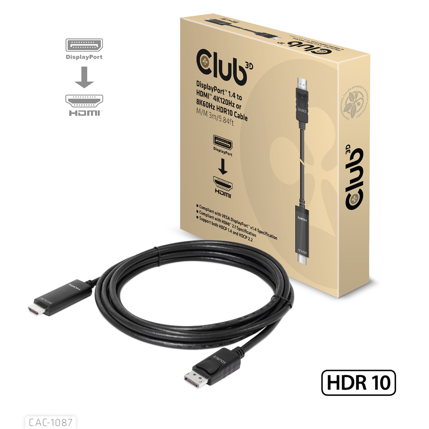 Club 3D CAC-1087 Cavo DisplayPort 1.4 a HDMI 3 m Maschio-Maschio 4K144Hz/8K60Hz HDR10