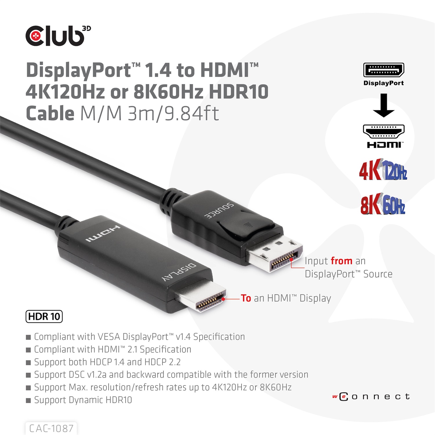 Club 3D CAC-1087 Cavo DisplayPort 1.4 a HDMI 3 m Maschio-Maschio 4K144Hz/8K60Hz HDR10