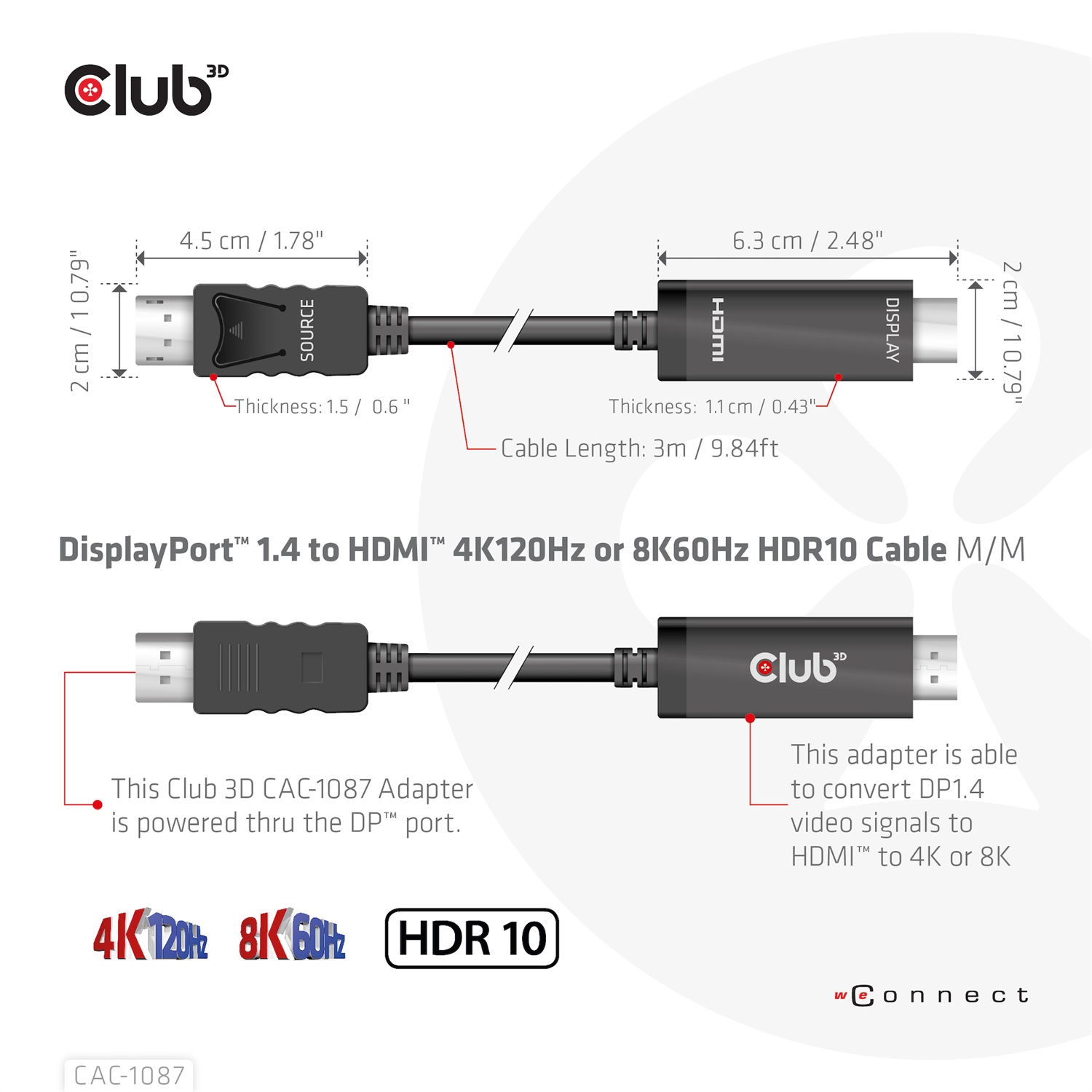 Club 3D CAC-1087 Cavo DisplayPort 1.4 a HDMI 3 m Maschio-Maschio 4K144Hz/8K60Hz HDR10