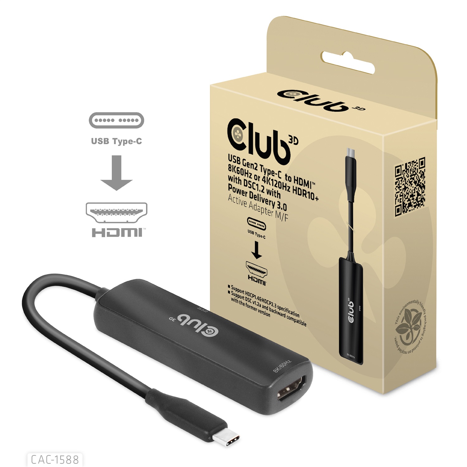 Club 3D CAC-1588 Cavo e Adattatore USB Tipo-C a HDMI 8K60Hz/4K120Hz HDR10, DSC1.2, Power Delivery 3.0 - 0,17 m