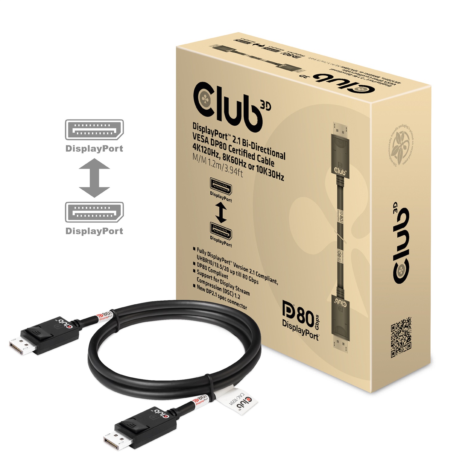 Club 3D CAC-1091 DisplayPort™ 2.1 - Cavo certificato bidirezionale VESA DP80, 1,2 m, Maschio-Maschio, fino a 10328 x 7760 Pixel, supporto 4K120Hz, 8K60Hz e 10K30Hz