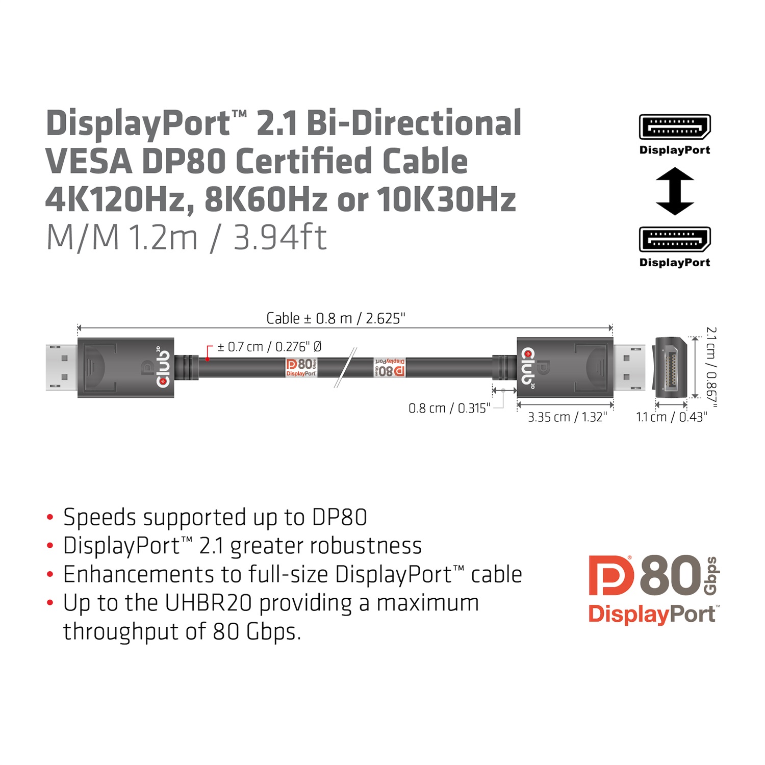 Club 3D CAC-1091 DisplayPort™ 2.1 - Cavo certificato bidirezionale VESA DP80, 1,2 m, Maschio-Maschio, fino a 10328 x 7760 Pixel, supporto 4K120Hz, 8K60Hz e 10K30Hz