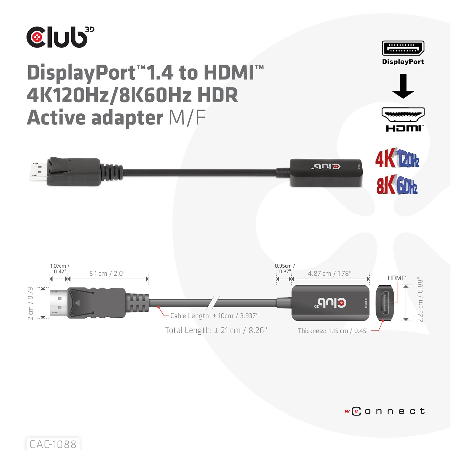 CLUB3D CAC-1088 Cavo e Adattatore Video 0,21 m DisplayPort a HDMI Maschio-Femmina 8K 60Hz
