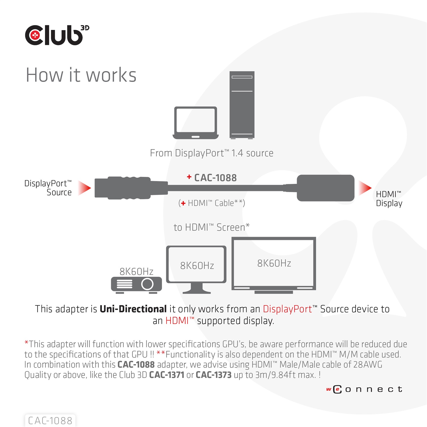 CLUB3D CAC-1088 Cavo e Adattatore Video 0,21 m DisplayPort a HDMI Maschio-Femmina 8K 60Hz