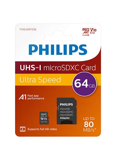 Philips MicroSDXC 64 GB Classe 10 UHS-I con Adattatore - Velocità di Lettura 80 MB/s