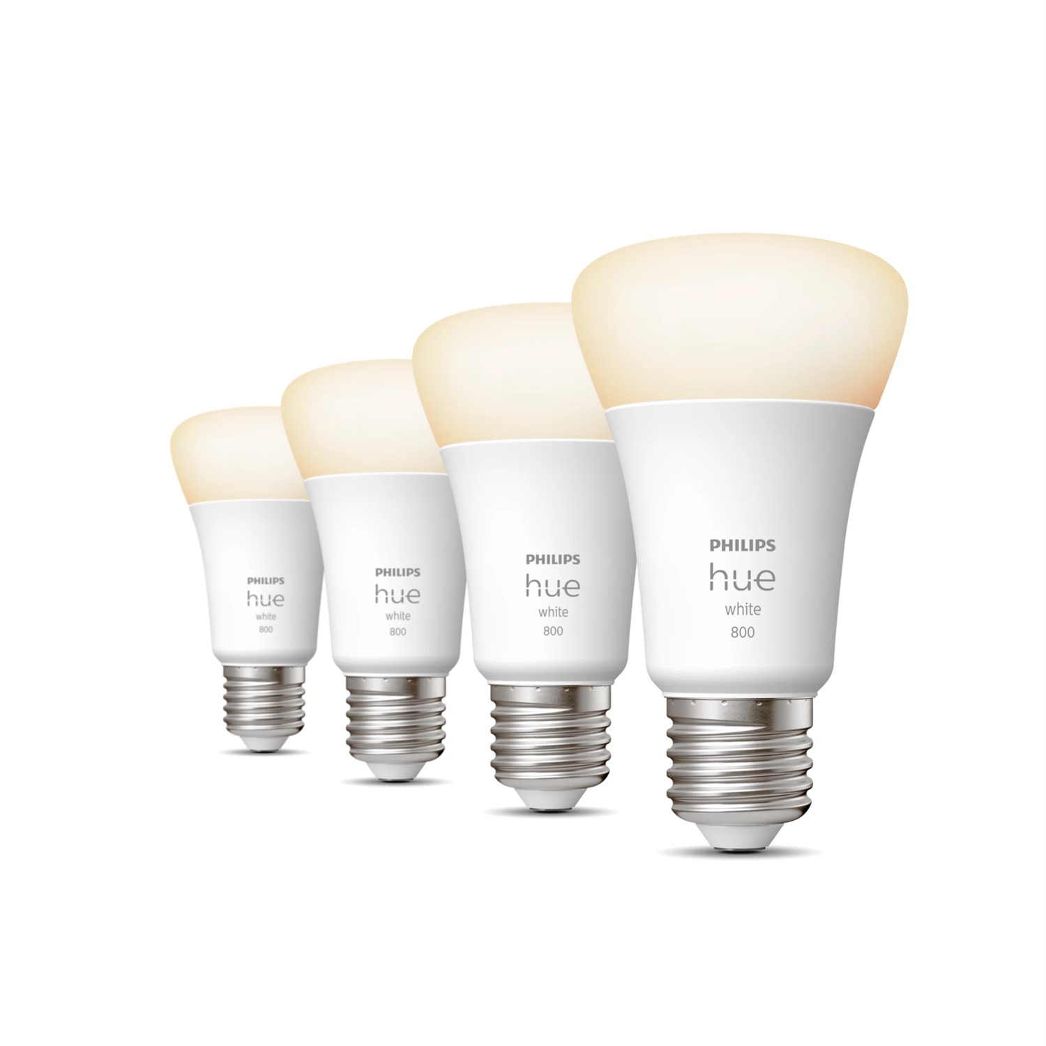 Philips Hue White 4 Lampadine LED Smart E27 9W Dimmerabili, 800 Lumen, Luce Bianca Calda, Controllo Bluetooth e ZigBee