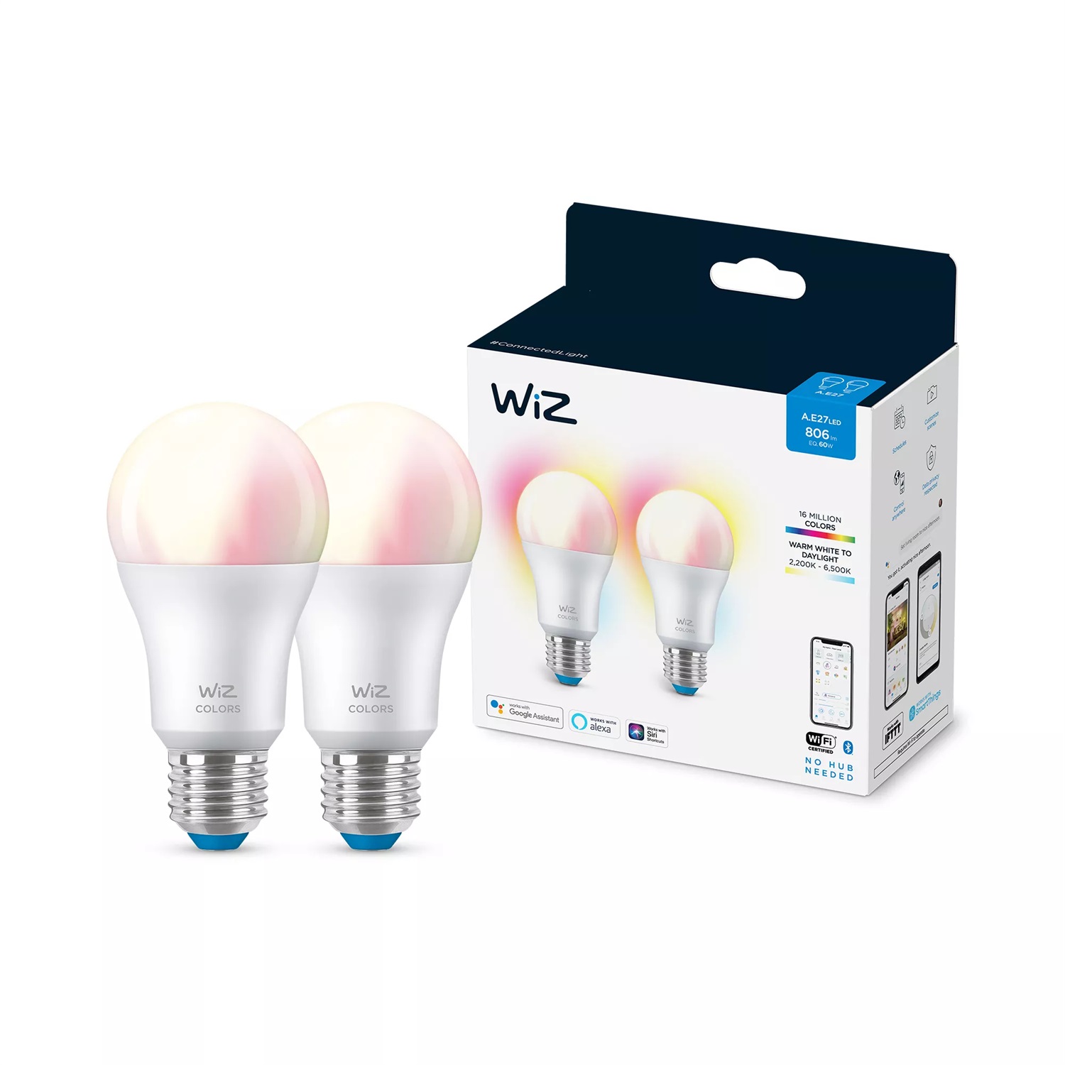 PHILIPS WiZ Lampadina Smart A60 E27 60W Dimmerabile Luce Bianca e Colorata Goccia Smerigliata - 2 Pezzi