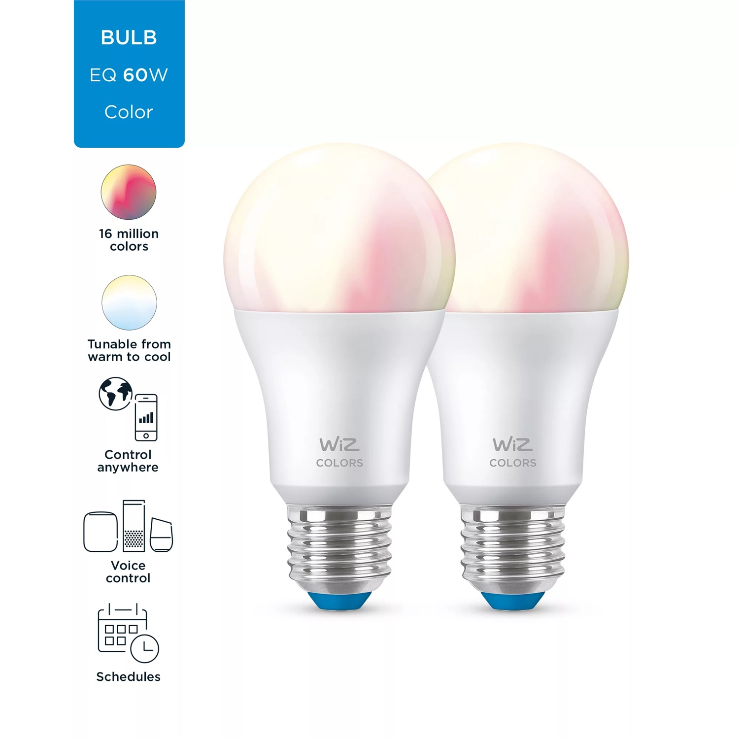 PHILIPS WiZ Lampadina Smart A60 E27 60W Dimmerabile Luce Bianca e Colorata Goccia Smerigliata - 2 Pezzi