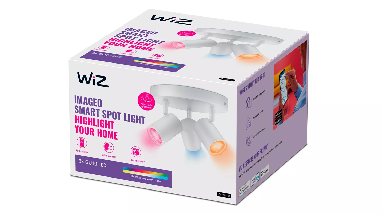 WiZ Faretto Smart LED Imageo GU10, 3x5W, Dimmerabile, Orientabile, Controllo Vocale, Base Tonda