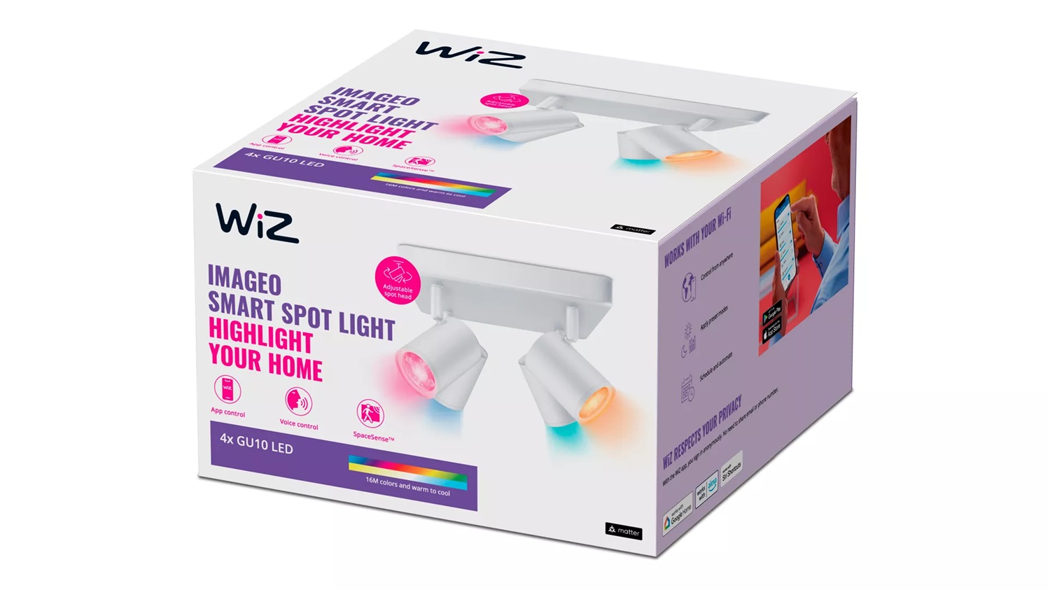 WiZ Faretto Smart LED Imageo WiFi Dimmerabile GU10 - Luce Bianca o Colorata, Controllo Vocale, Tecnologia SpaceSense