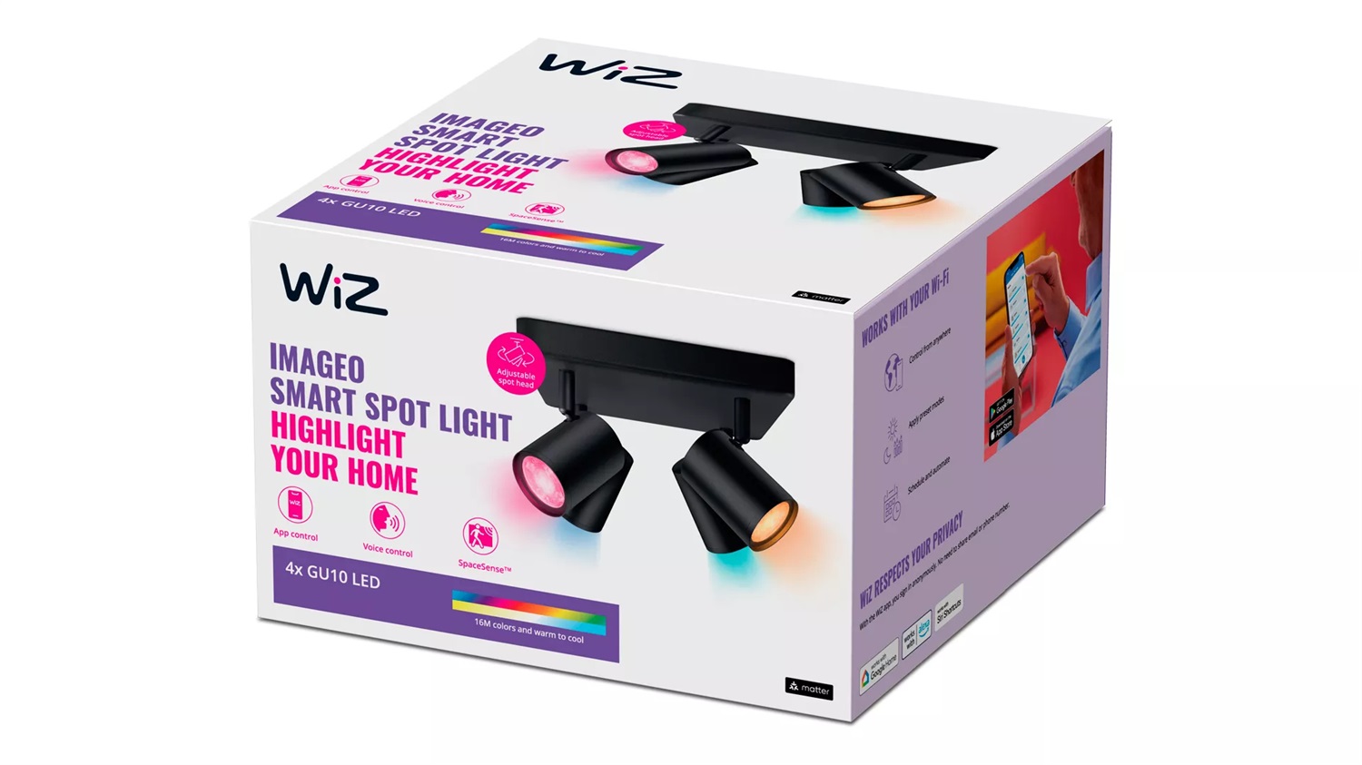 WiZ Faretto Smart LED Imageo Dimmerabile GU10, Luce Bianca o Colorata, Controllo Vocale, Tecnologia SpaceSense, Base Quadrata, Nero